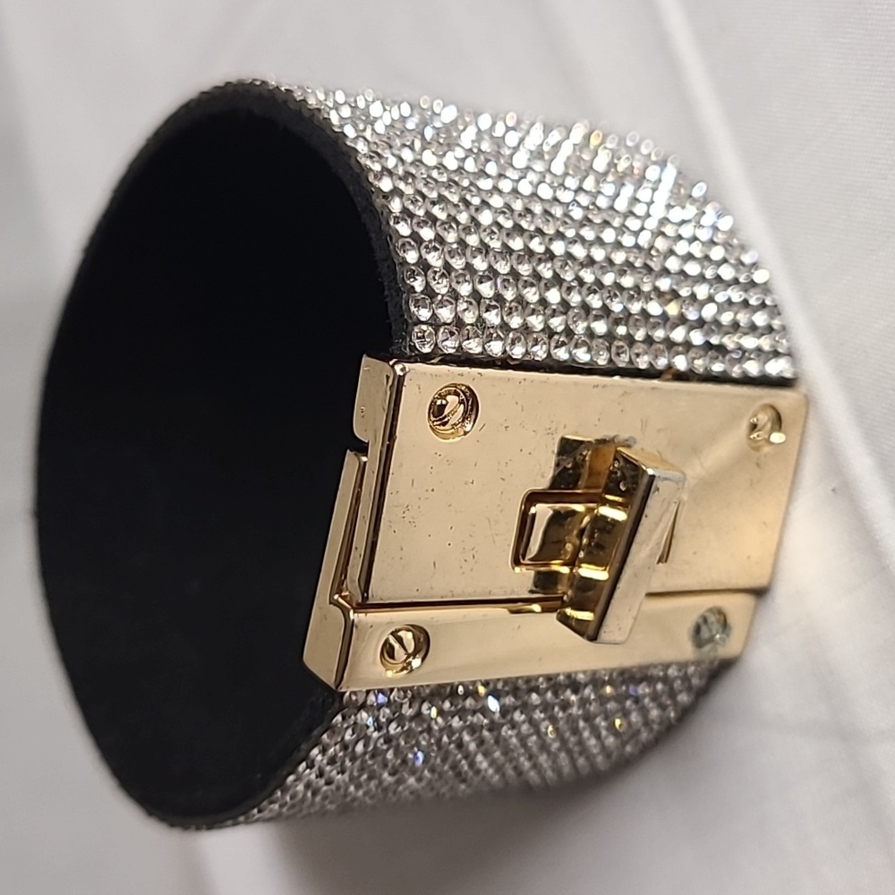 Rhinestone Bling Cuff Bracelet Gold Turn Lock Clasp